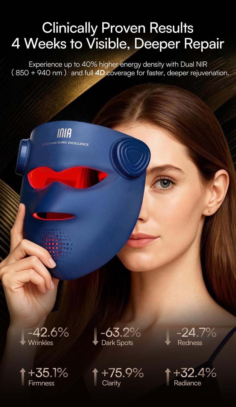 INIA GLOW 940 nm 4D LED Mask – Dual NIR 940 + 850 nm Deep Penetration for Deeper Repair, Visible Lift & Lasting Radiance, 4D Fit for Jawline Lift & Firm, Cooling Therapy, Wireless Comfort, Best Christmas Gift Ideas