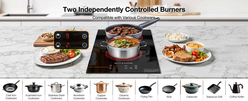 【Valentine's Day Gift】Electric Stove Top 2 Burner, 12inch Electric Cooktop, Built-in Ceramic Cooktop with 9 Power Levels/Timer/Child Safety Lock/Touch Control/Overheat Protection, 220-240V, Hard Wire, No Plug