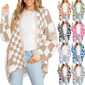 LAICIGO Womens Trendy Fall Spring Checkered Sweater Color Block Plaid Cardigans Casual All-match Long Sleeve Knit Open Front Coats