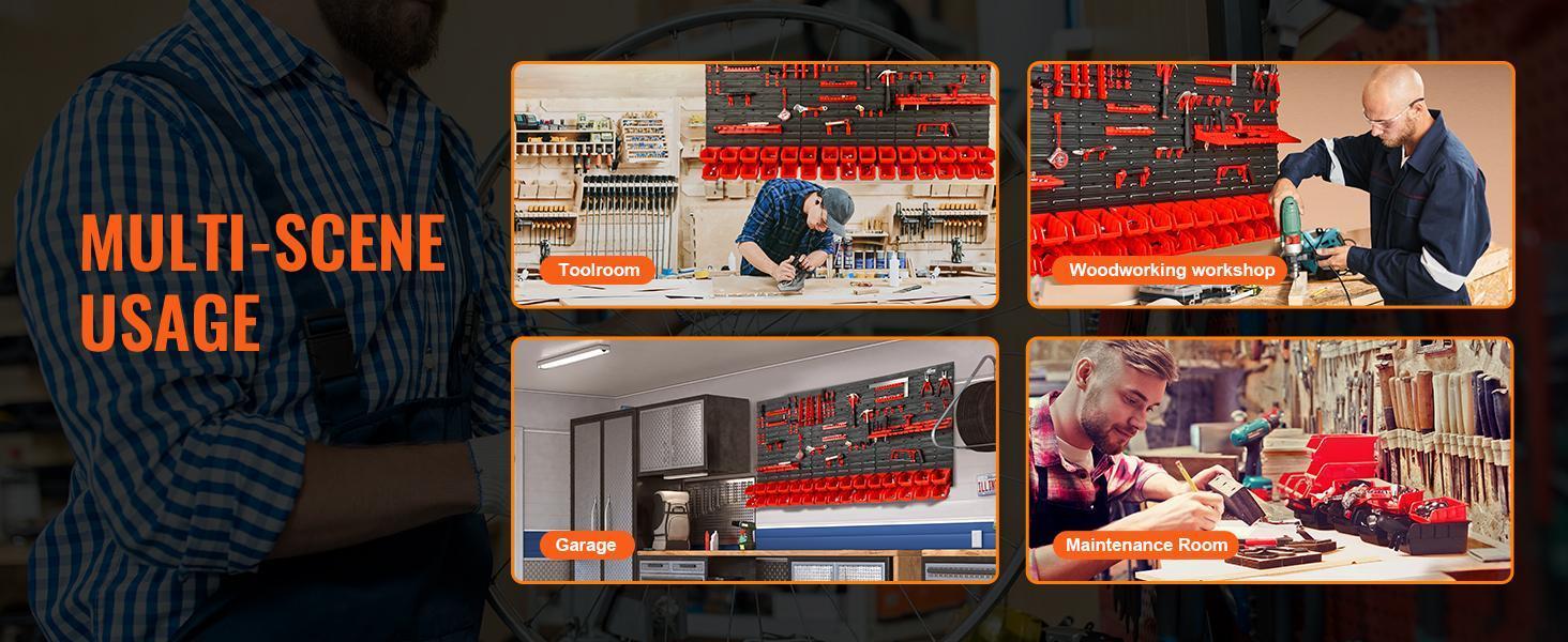 VEVOR Wall Mounted Storage Bins, 30-Bin Parts Rack Organizer Garage Plastic Shop Tool with Wall Panels/Tool Holders/Hooks, Tool Organizer for Nuts, Bolts, Screws, Nails, Beads, Buttons