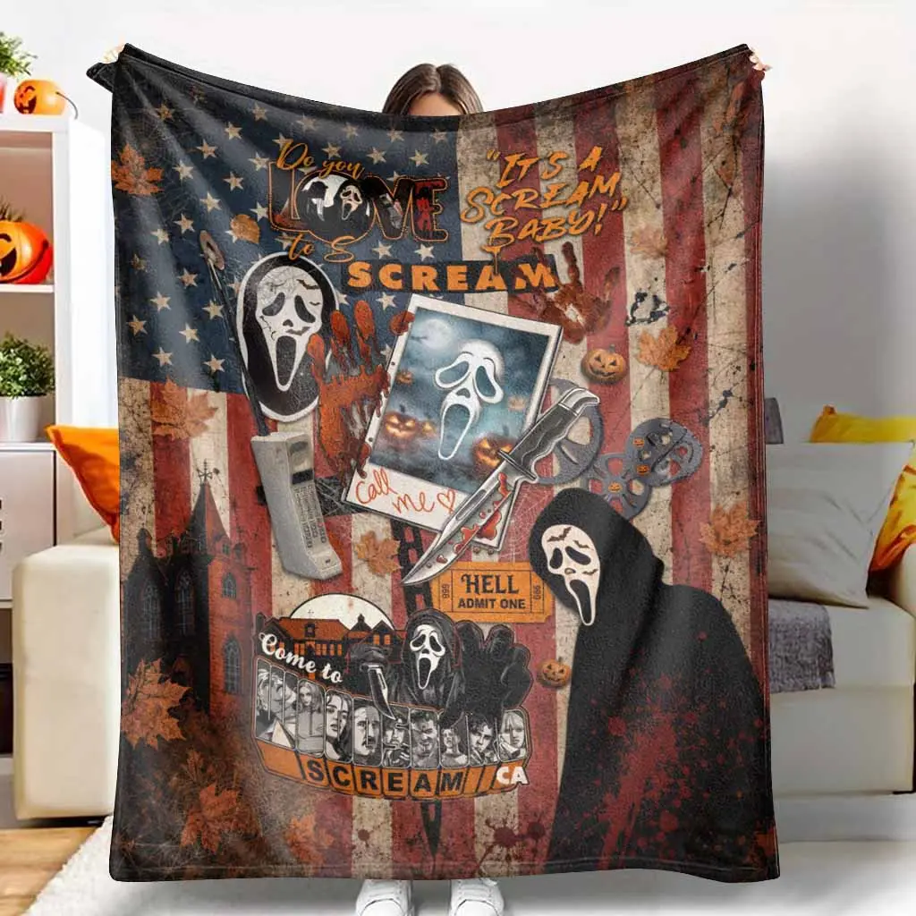 Horror Movie Theme Flannel Blanket with Flannel Fabric, American Flag Decorative Print, Plush Texture, Multi-Size, Super Soft Lightweight Breathable Microfiber Bed Throw for Living Room Couch, Bedroom Bedding, Unique Holiday Gift