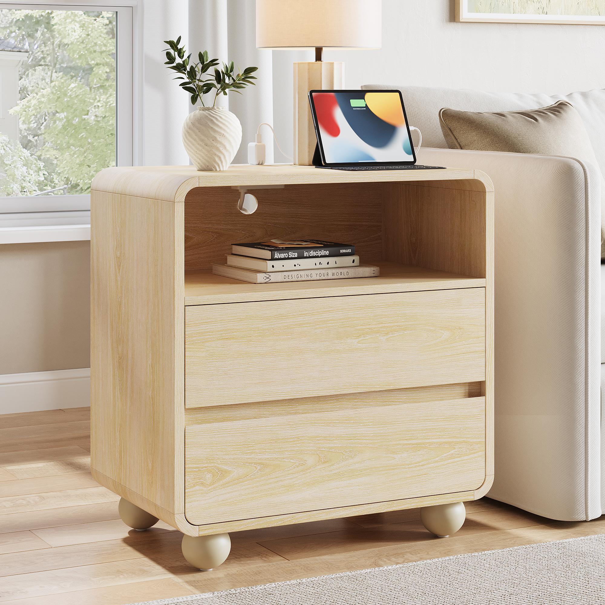 Aowos Nightstand, 23.6" Wide Large Bedside Table, Curved Wooden End Table with Charging Station, 2 Storage Drawers & Open Shelf, Bedroom Living Room, Panel End Tables for Bedroom & Living Room, Bedside Cabinet with USB Ports, Natural, Black, White Aowos Nightstand, 23.6" Wide Large Bedside Table, Curved Wooden End Table with Charging Station, 2 Storage Drawers & Open Shelf, Bedroom Living Room, Panel End Tables for Bedroom & Living Room, Bedside Cabinet with USB Ports, Natural, Black, White