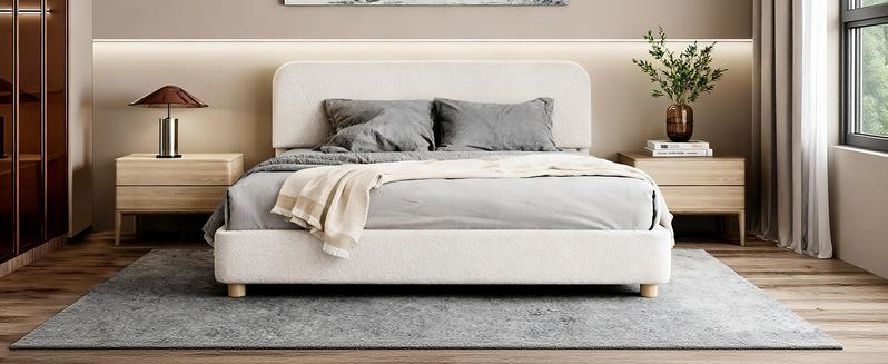 BERRY NEST Cloud Bed Frame, Upholstered Queen Size Bed Frame with Luxury Boucle Headboard, Solid Wood Legs, Rounded Corners Design & Easy Assembly – Modern Cream Platform Bed, No Mattress, No Noise, Queen,Full