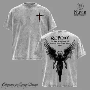 Repent Vintage Washed Oversized Christian T-Shirt, Sweatshirt, Hoodie Angel Wings Faith Graphic Tee, “Kingdom of Heaven Has Come Near” Gospel Streetwear Top, Heavy Cotton Unisex Retro Worship Shirt