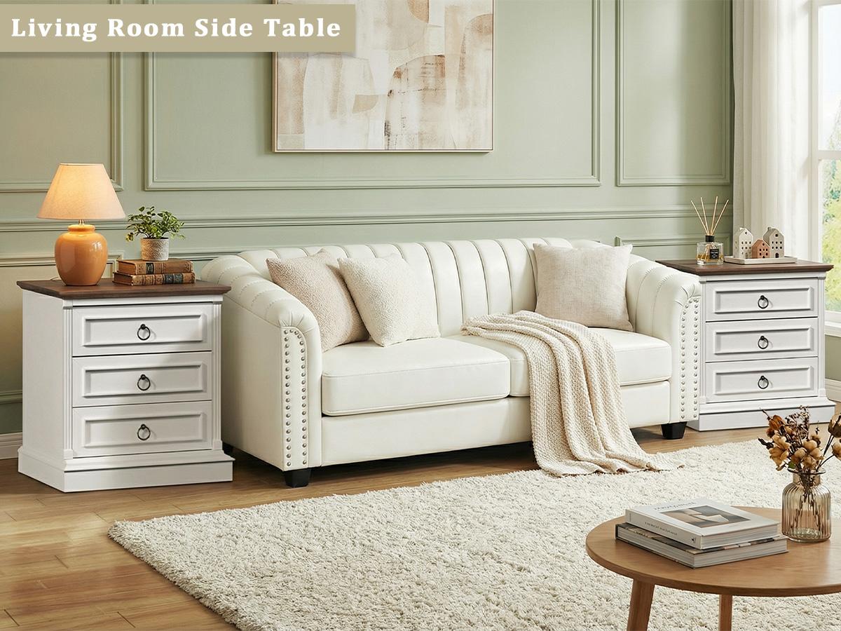 Farmhouse Nightstand with 3 Drawer, 22" Wide Side Table with Roman Columns, Bedside Table with Wireless Charging Station, Rustic Large End Table for Bedroom, White