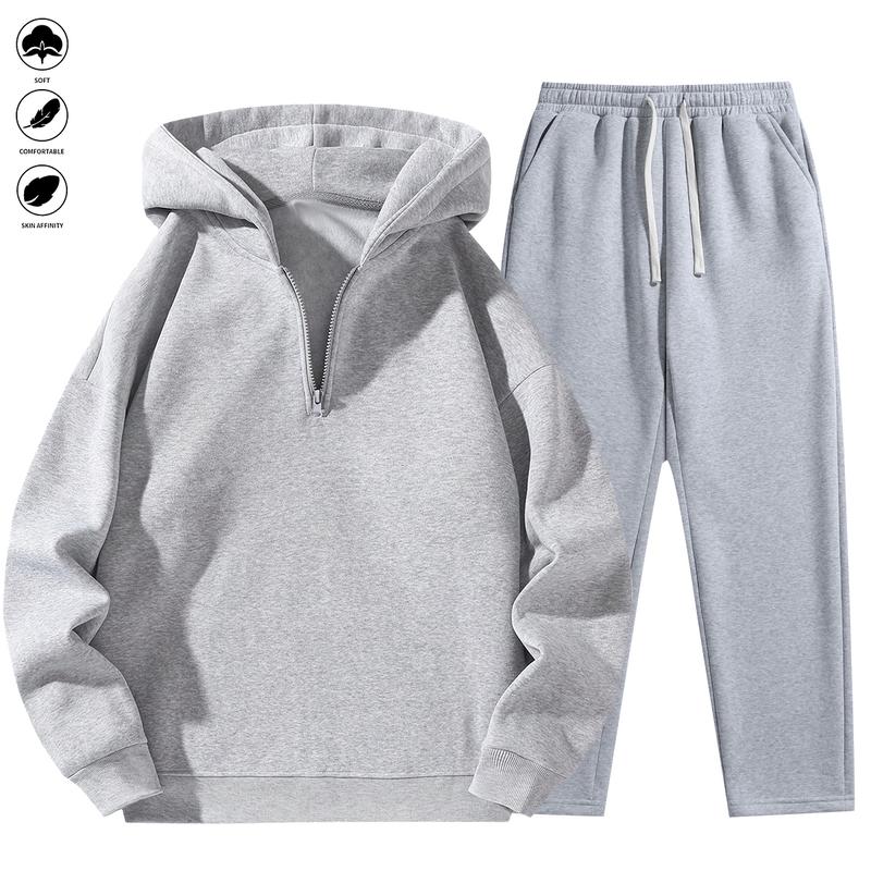 Men's Plain Two-piece Sweatsuit Set, Basic Regular Fit Casual Drop Shoulder Half Zip Hoodie & Pocket Drawstring Sweatpants, Men's Clothing