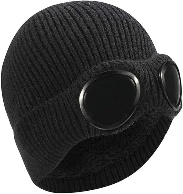 Unisex Knitted Goggles Beanie - Adjustable Stylish Warm Up Skull Element Headgear Thermal Insulating Hat, Winter Outdoor Sports Stretchy Fleece-Lined Cap, Adjustable Stylish Hat, Warm Up Hats