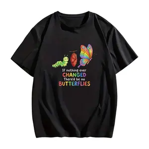 Inspirational Statement Tee with Delicate Butterfly Life Cycle Illustration, Minimalist Style