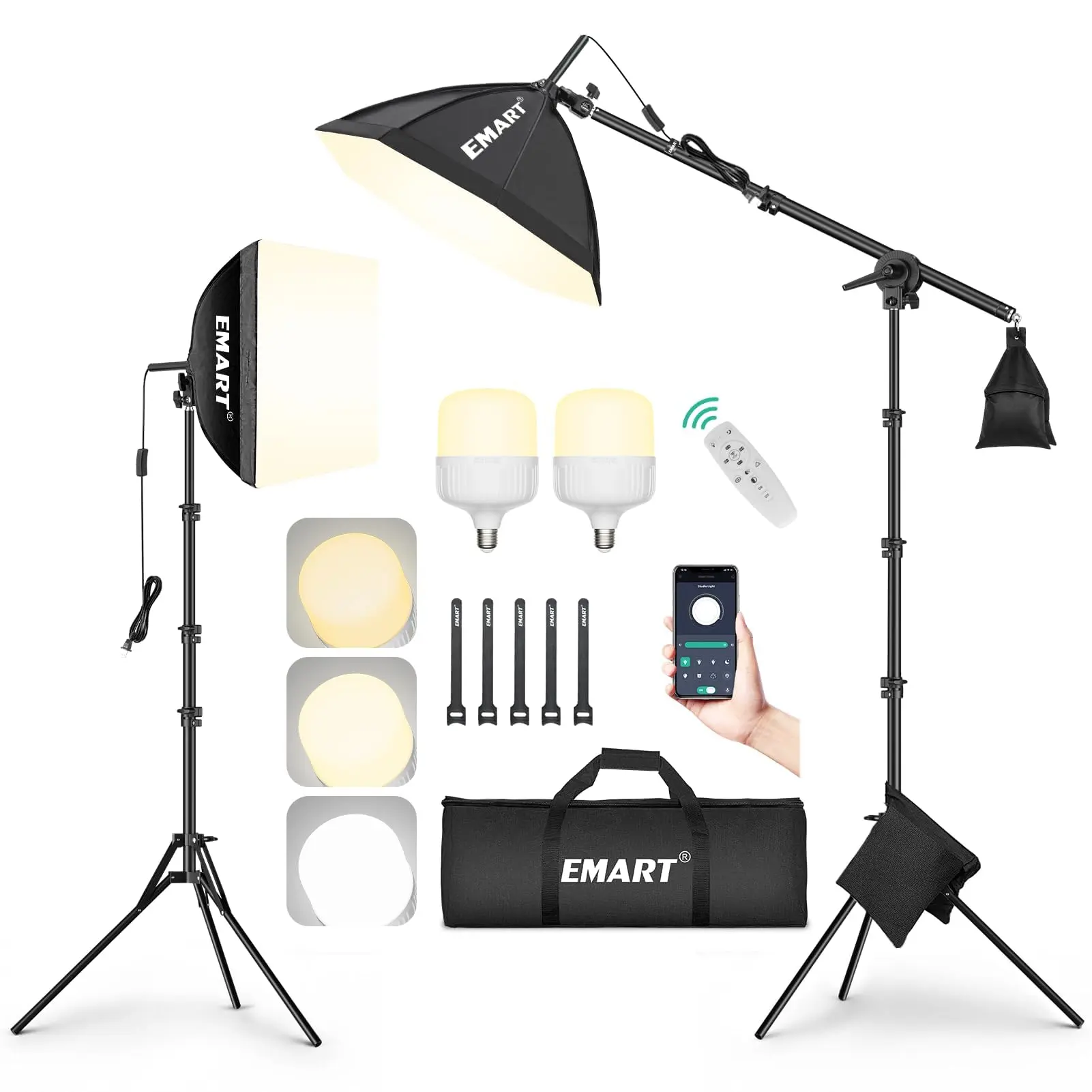 EMART Softbox Photography Lighting Kit, 50W LED 2PCS Soft Box with Boom Arm Professional Equipment 16"x16" & 20"x20" Softbox, 50W 3000-6000K LED Bulbs, APP/Remote, Stand with Boom Arm for Studio, Vedio