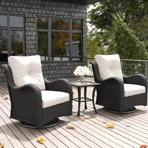 LayinSun 3 Pieces Outdoor Wicker Swivel Rocker Chairs with Rattan Coffee Table, Patio Furniture Set with Comfy Cushions for Garden, Backyard, Porch