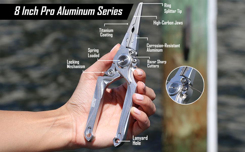 Beyond Fishing Pro Aluminum Series 8 Inch Multifunction Fishing Pliers, Saltwater Resistant Fishing Cutter, Tungsten Carbide Cutters, Corrosion Resistant Teflon Coating with Sheath