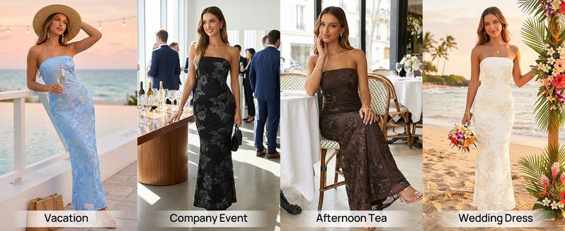 MEROKEETY Women's Floral Strapless Maxi Dress 2026 Summer Mesh Tube Bodycon Formal Wedding Guest Cocktail Party Long Dresses