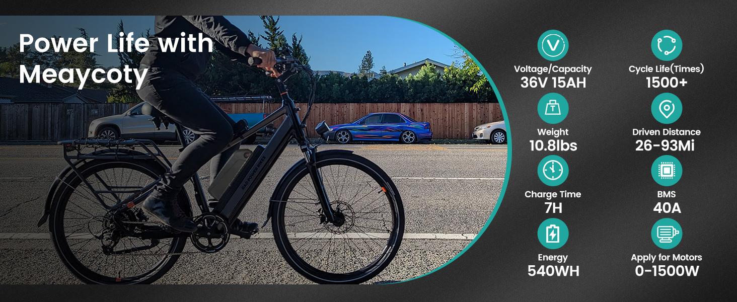 Meaycoty 36V 15AH Ebike Battery Lithium with 2A Fast Charger BMS 5pin Lock USB Interface for Electric Scooter Motorcycle Bike