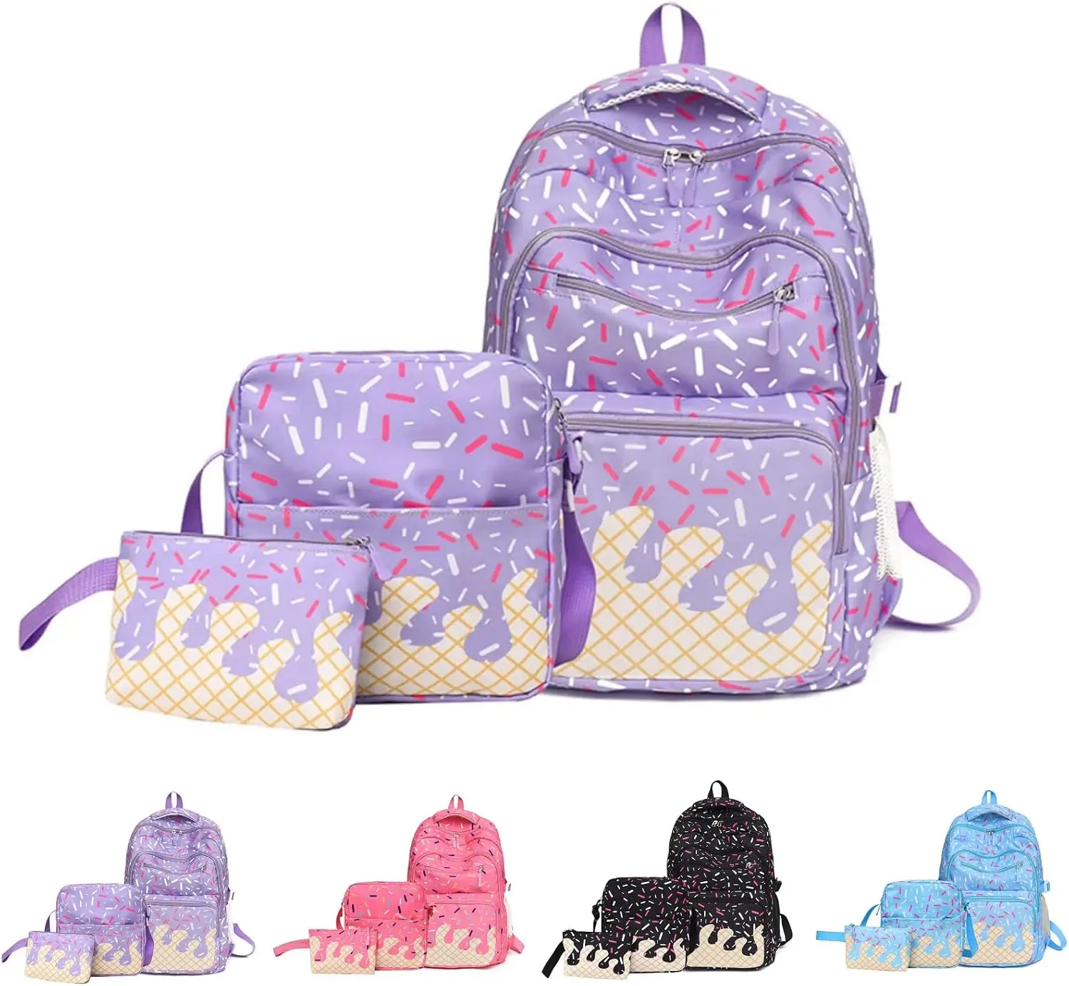 3 Pcs Ice Cream Drip Backpack Set with Baseball Backpack Lunch Bag Pen Bag Men Women 3 Pcs Ice Cream Drip Backpack Set Baseball Ice Cream Drip Backpack Lunch Bag Pen Bag for Sport Camping Travel