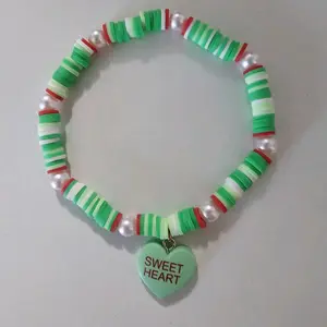 Green Clay Bead Sweet Heart Valentines Day Bracelet With Elastic String