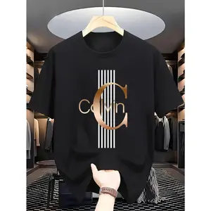 Men'S Casual Calvin Graphic T-Shirt - Bold Letter Print with Black Stripes & Golden Accents, Breathable Round Neck Summer Streetwear, Machine Washable, Comfortable Everyday Fashion Tee, Everyday Tshirt |   Bold Letter Print |   Comfortable Fit