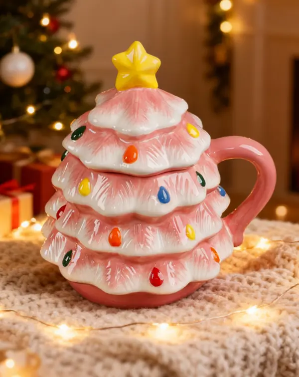18 OZ Pink Christmas Tree Ceramic Mug with Lid, Durable Coffee Drinkware for Holiday Cheer Festive Design Warm Beverage Mug