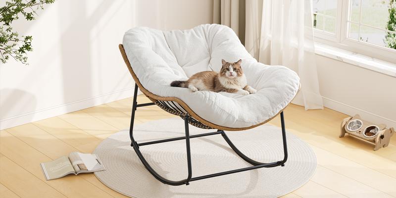 【Double-Side Fabric & Valentine's Day gift】ONBRILL Oversized Indoor Outdoor Rocking Chairs, Comfy Papasan Rocking Chair with Padded Cushion, Rattan Wicker Lounge Chair, Modern Reading Accent Chair for Balcony Garden, LivingRoom Furniture,Christmas Gift