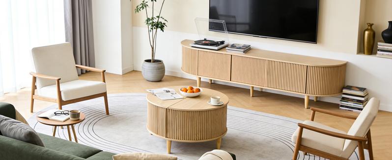 Round Coffee Table, Wood Coffee Tables for Living Room with Storage, 2-Tier Center Circle Counter with Wooded Desktop, 110 lbs Capacity, Anti-Slip Feet, Modern Farmhouse Design