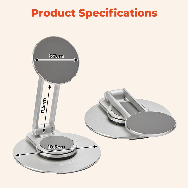 MUNBYN 360-Degree Rotating Magnetic Phone Stand ,Adjustable Foldable Aluminum Phone Holder,Universal Phone Accessory for Home Office, Silver Edition