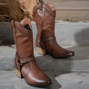 Western Cowboy Boots for Women | Retro Brown Mid-Calf Chunky Heel Pointed Toe Booties