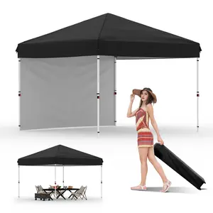10x10FT Pop Up Canopy with 1 Sidewall, Beach Ten with One Push Setup, Reinforced Frame, Outdoor Easy Up Canopy Tent with Portable Roller Bag, Adjustable Height, Sandbags