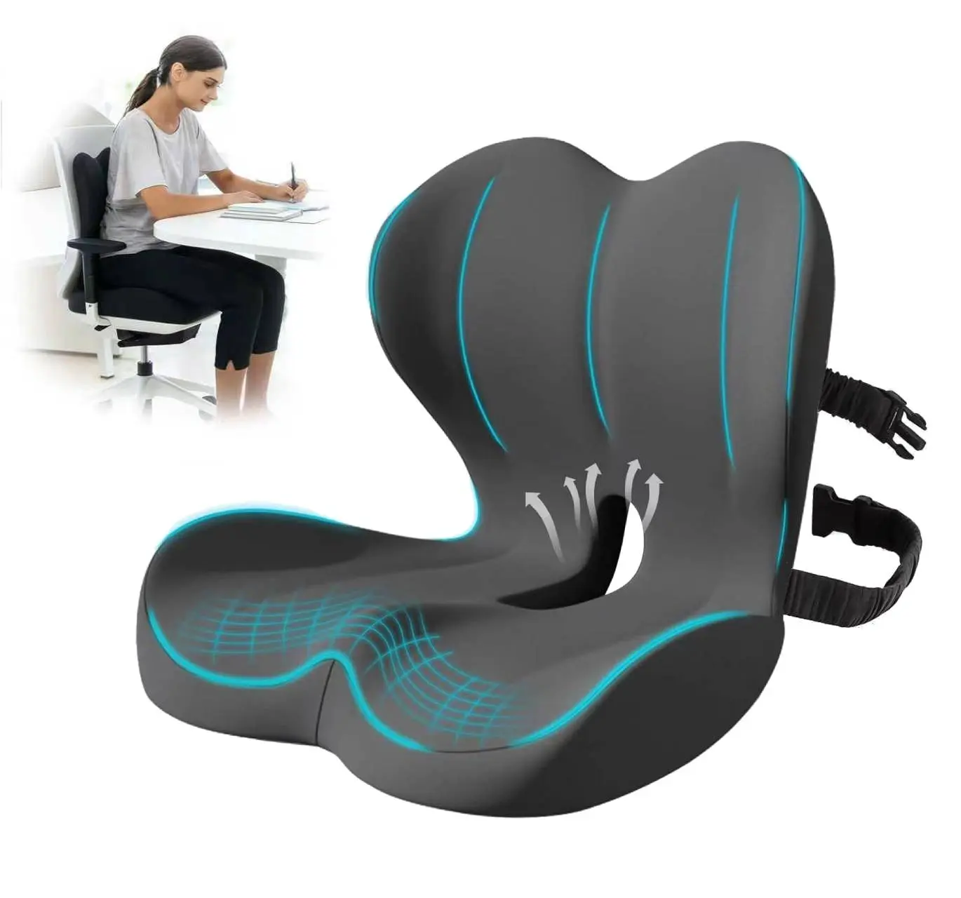 【Back to School】Non-Slip Memory Foam Seat Cushion with Lumbar Support - Father's Day Gift, Stress Relief for Sciatica & Tailbone Pressure, Anti-Shrink, All Seasons Coccyx Pad for Office Chair, Car