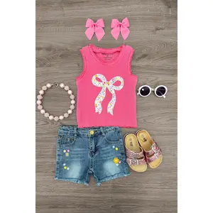Hot Pink Floral Bow Denim Short Set