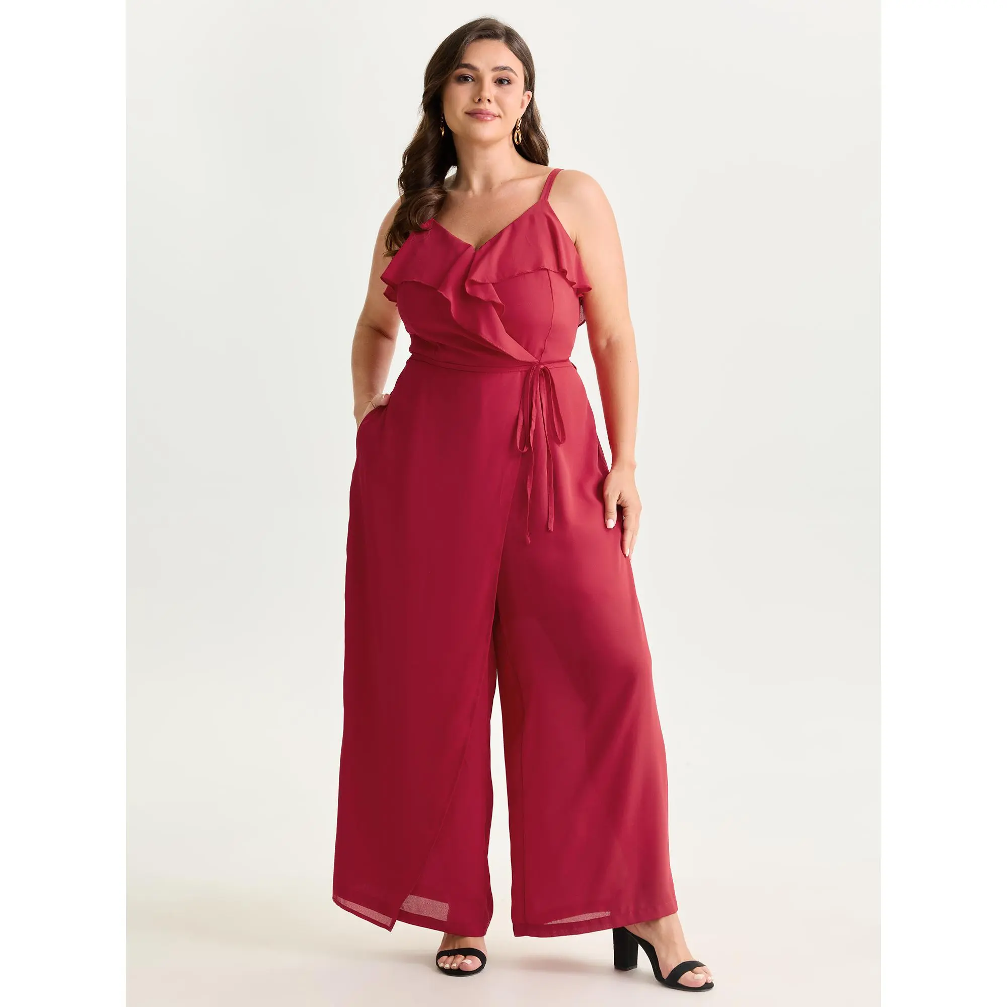 BloomChic Women's Plus Size Romantic Wrap Jumpsuit Overalls - Fitted Solid Polyester Fabric, Ruffled Layered Sleeves, Side Pocket, Low-Iron, Iron-Smooth Finish, Regular Length, Sizes 14-16/1x