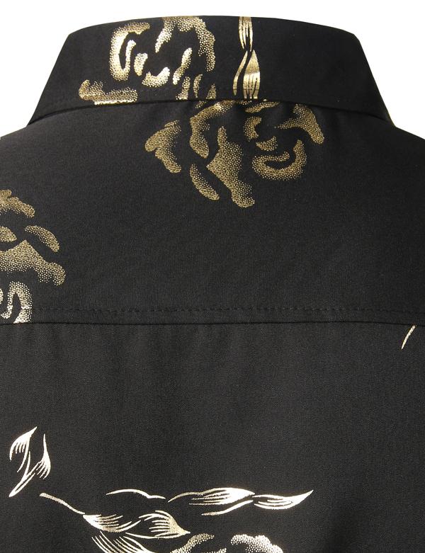 ZEROYAA Mens Hipster Gold Rose Printed Slim Fit Short Sleeve Button Down Dress Shirts