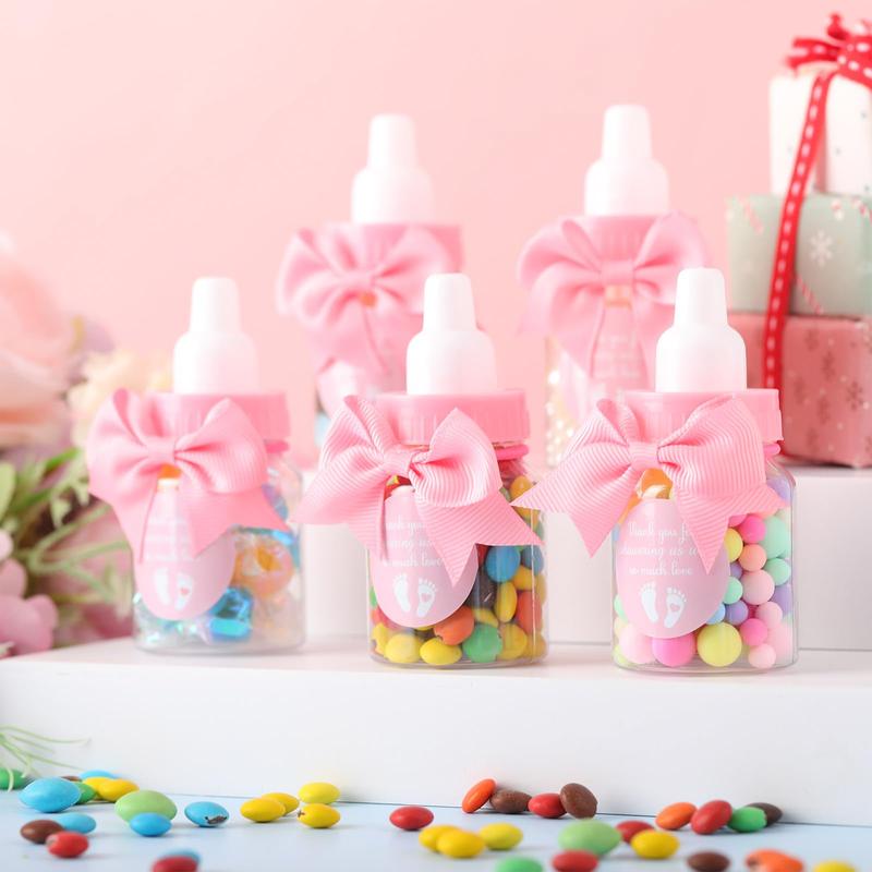 24/48 Pcs Baby Shower Prize Mini Baby Bottles Chug Plastic Milk Bottles Candy Baby Bottles with Thank You Showering Stickers and Bows Thank You Gifts for Guests,Birthday Party Baby Shower Favors Gift