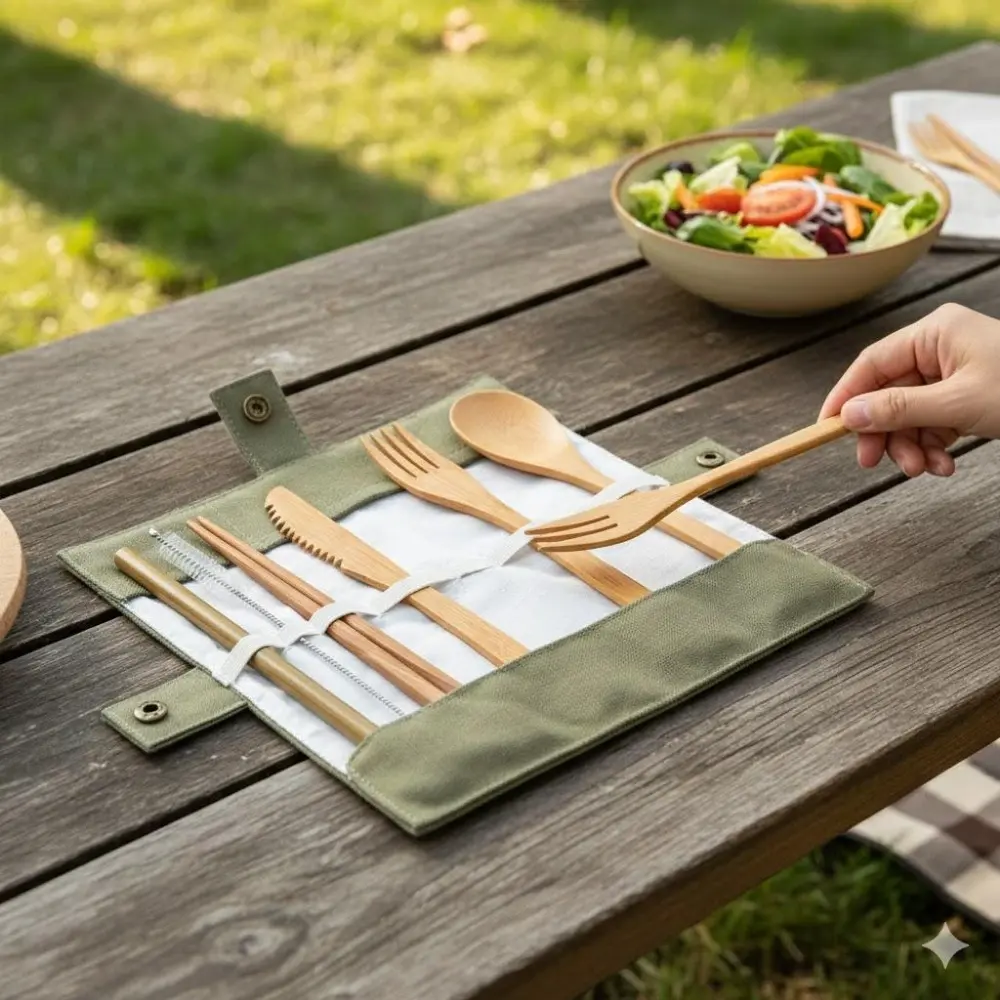 Eco-Friendly Bamboo Travel Utensil Set | Reusable Camping & Picnic Cutlery with Natural Charcoal Cleaning Brush | Food Grade, Mold Resistant for Outdoor Dining | Outdoor Camping Supplies