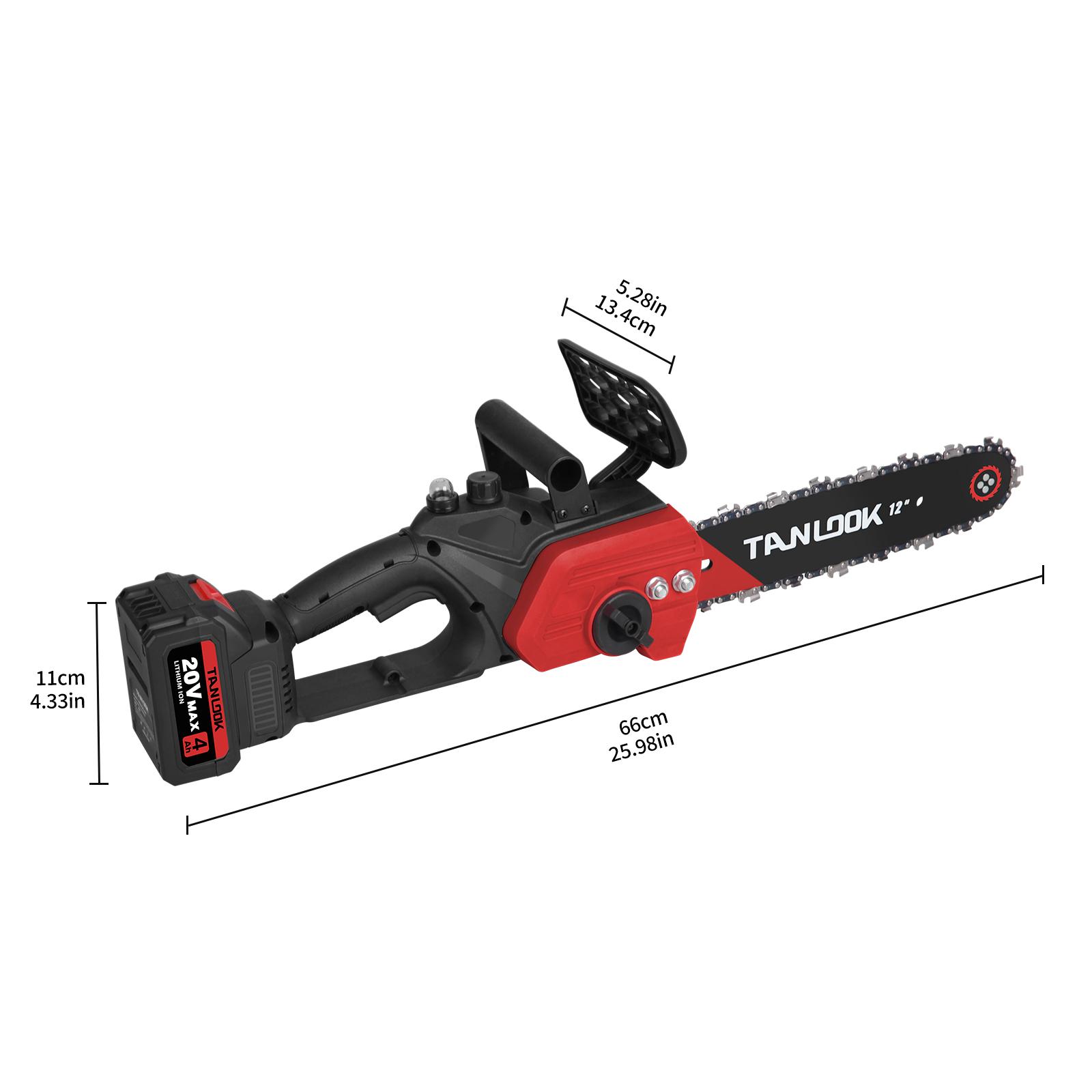 TANLOOK 12 Inch Brushless Electric Chainsaw Saw Logging Saw Pruning Woodworking Garden Power Tool 20V 2*4.0Ah Batteries Cutting Heavy Duty Portable Handle STU4