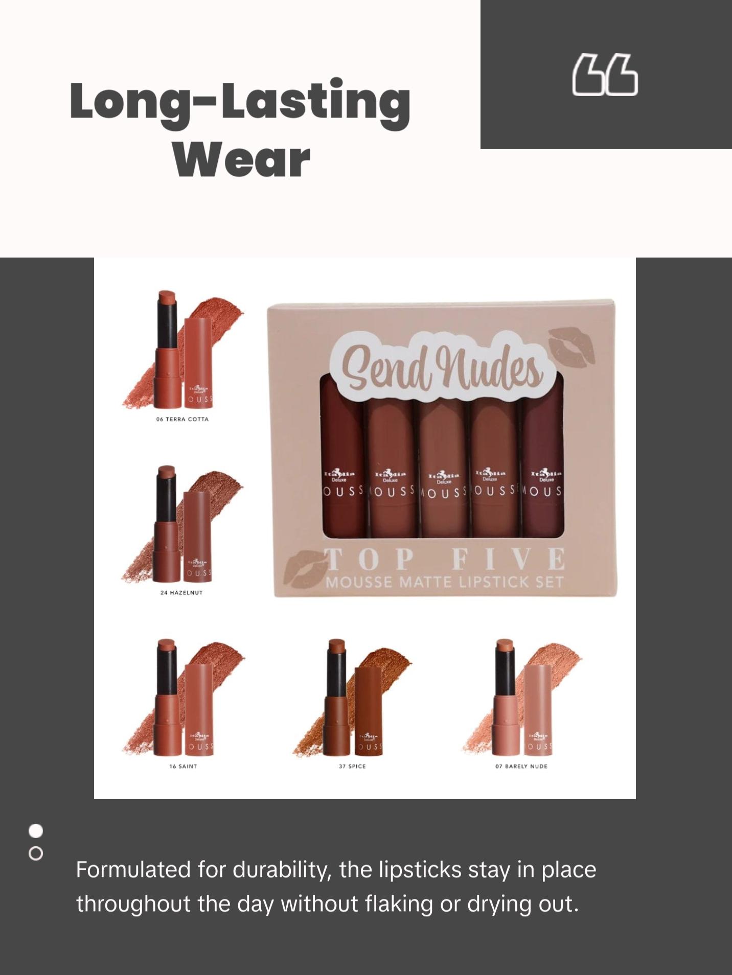 Italia Deluxe Top Five Mousse Matte Lipstick Set - Hydrating Transparent Long Lasting Lipsticks for Lip Makeup - Caliente Reds, Chola Browns, Modest Mauves, Send Nudes - Cosmetic