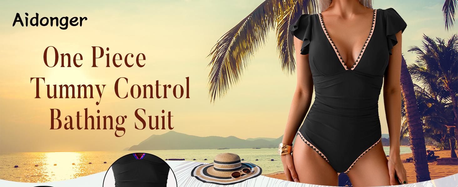 Aidonger Women's One Piece Ruffle Swimsuit Tummy Control Bathing Suit V Neck Shell Stitched Swim Suit Slimming Swimwear