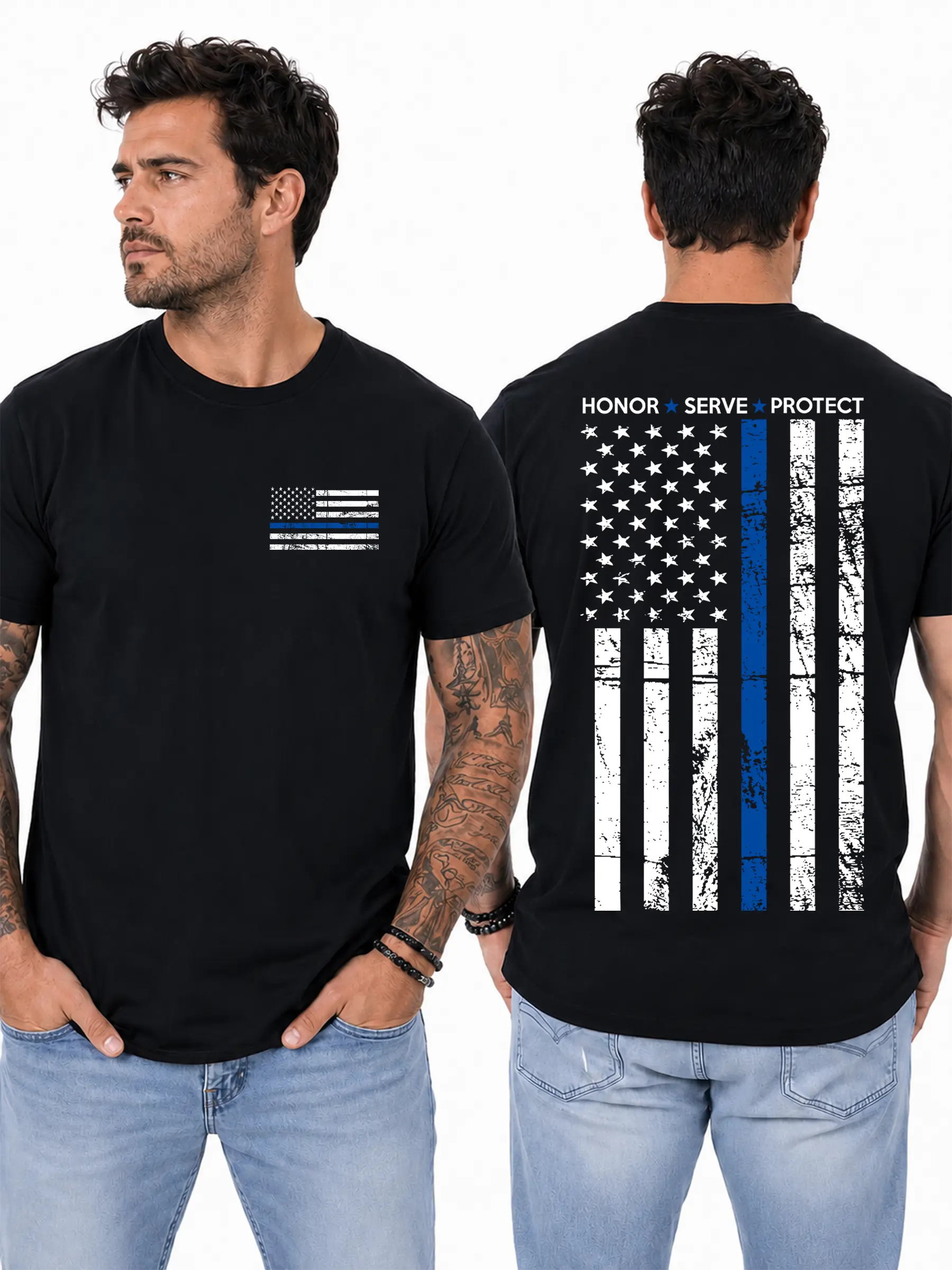 Women's Cotton Shortsleeve Round Neck T-Shirt - Casual Classic Tops, Honor Serve Protect Design, Thin Blue Line Distressed Flag Apparel for Police Supporters