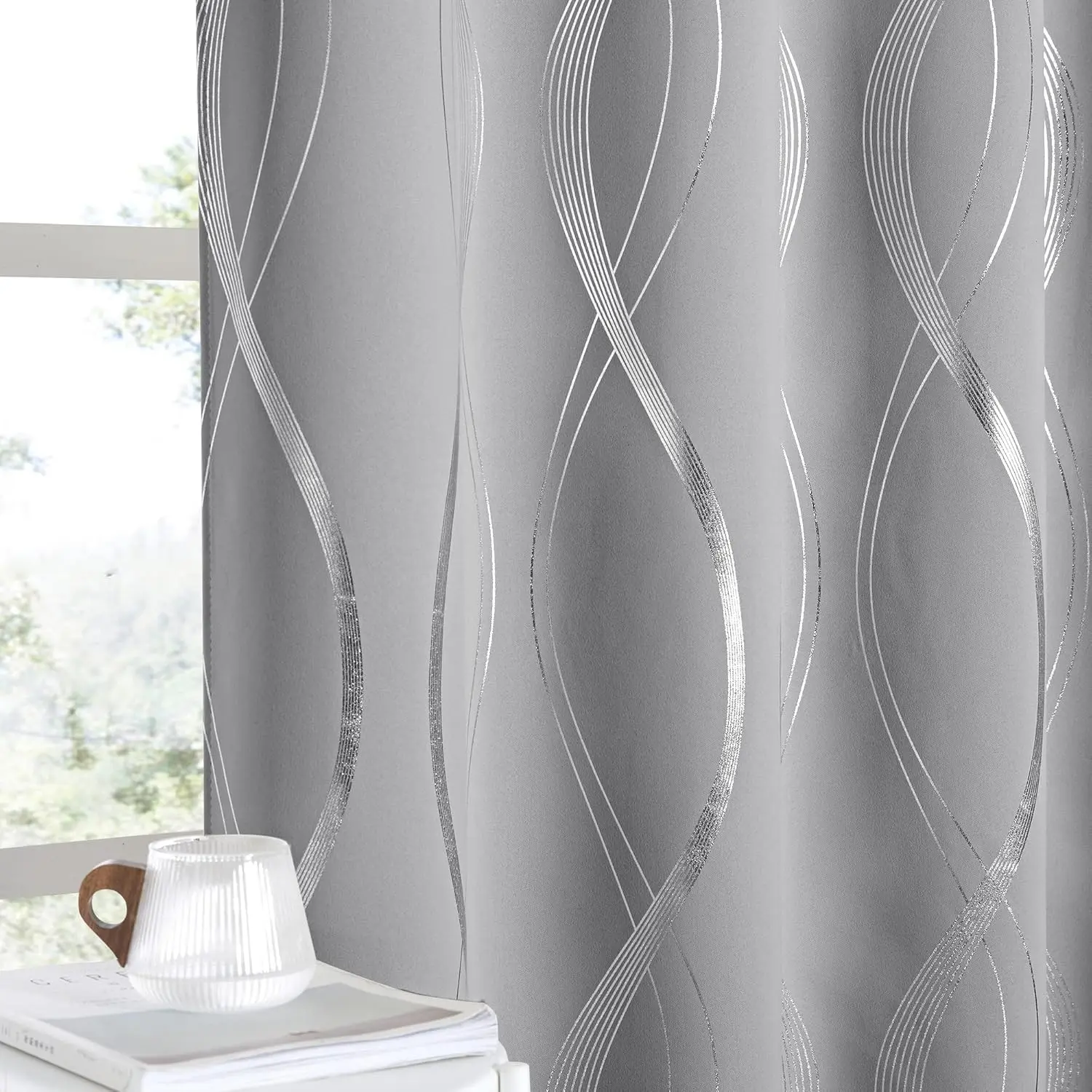 NICETOWN Blackout Window Curtains - Noise-Reducing Thermal Insulated Wave Line Foil Print, 2 Panels (52x72 In) Silver Gray for Bedroom, Patio Sliding Glass Door, Curtain for Windows, Black Out Window Curtain