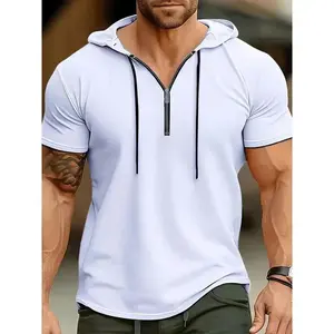 1 piece MenCasual Henley Shirt, 100% Polyester Short Sleeve Hooded T-Shirt, with Quarter Zipper, Solid Color Knitted Fabric Tops  Wetsuit Beige