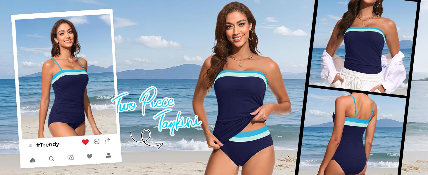 Daci Bandeau Tankini Swimsuits for Women - Two Piece Ruched Tummy Control Bathing Suit Strapless Swimwear with Bottom