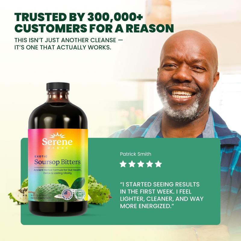 Soursop Bitters Liquid – Organic Herbal Detox with Black Seed, Moringa & Ginger by Serene Herbs – Supports Digestive Wellness & Immune Function – 16 fl oz​