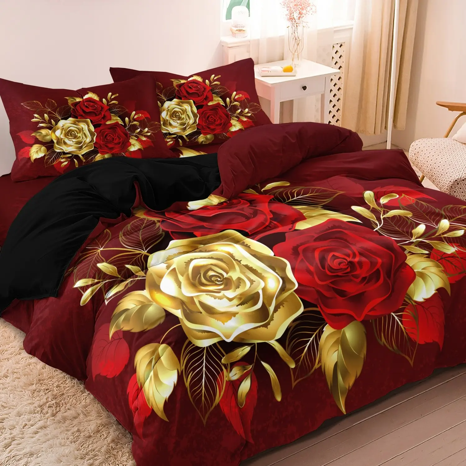 3pcs Valentine'S Day Romantic Rose Decorative Duvet Cover Set - Theme Bedding Set - Bedding for Bedroom Guest Room and Dorm Room Decor - Soft, Breathable and Comfy Bed Sets - Included (1*Duvet Cover + 2*Pillowcase, Without Core)