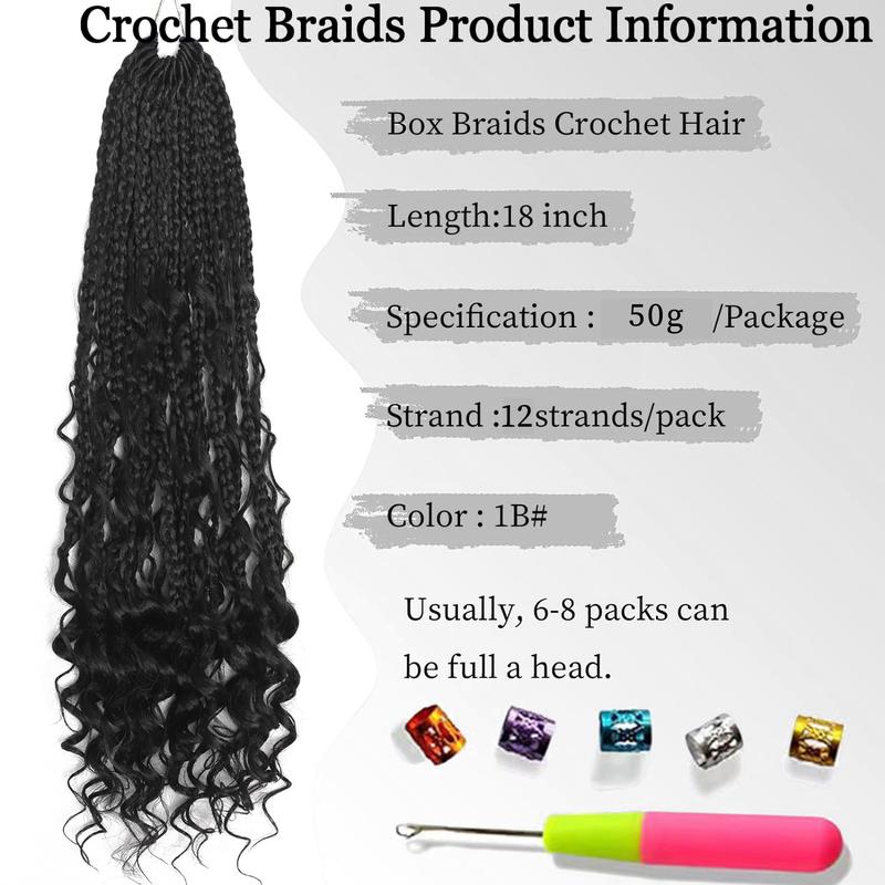 [Wequeen] Boho Box Braids Crochet Hair Pre Looped Box Braids With Curly hHair Extensions For Women Natural Color 18 Inch 1 Pack 12 Strands 14 24inch