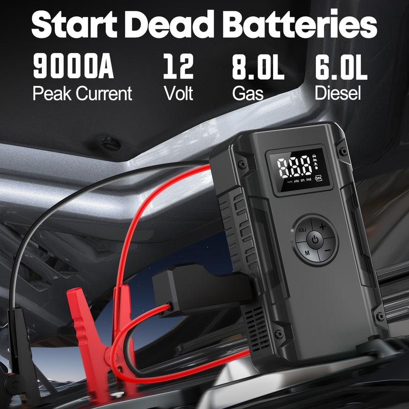 1pc 5-in-1 Jump Starter with Air Compressor-5000A Peak Power, 150PSI Digital Tire Inflator, ABS Material, USB Rechargeable, for Gas/Diesel Vehicles, Portable with LED Emergency Lighting, Auto Shut-Off, Tire Pressure Detection & Adjustment, Quick Charge