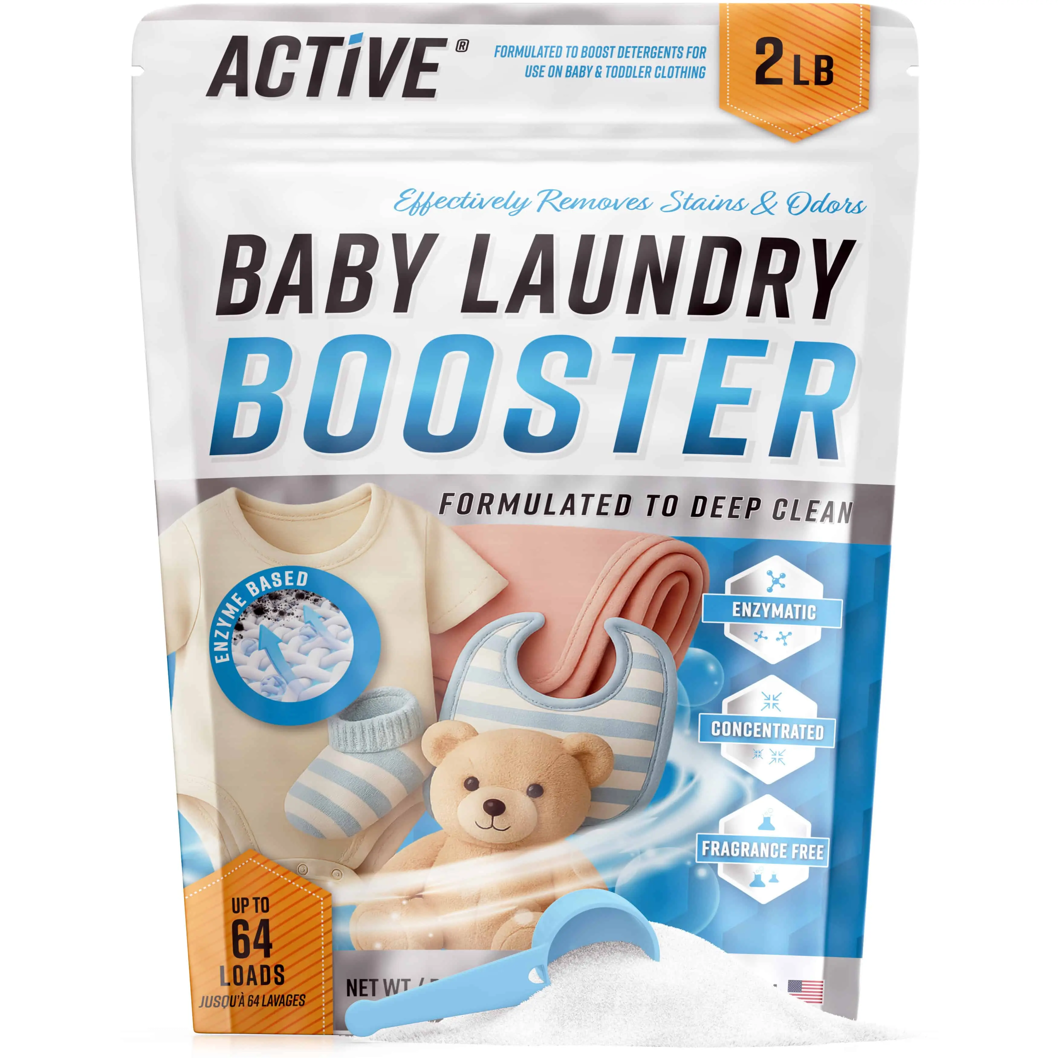 Baby Laundry Detergent Booster - ACTIVE Enzyme Stain & Odor Remover for Infant, Newborn, Toddler & Kids Clothes, Fragrance Free Sensitive Laundry Soap, 2-lbs Unscented Powder Made in USA - 64 Loads