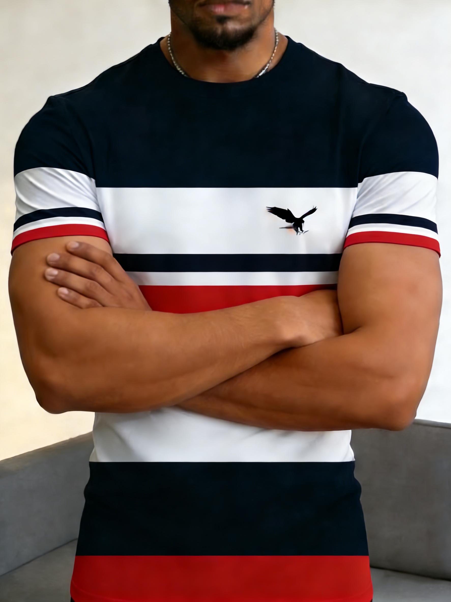 Men's fashionable striped T-shirt, slim fit with a round neck, breathable fabric, color-block design, eagle pattern casual short-sleeve T-shirt, suitable for everyday casual wear