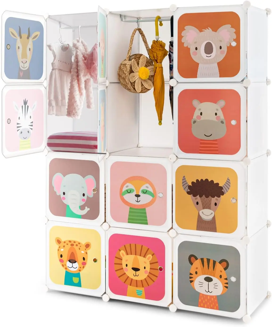 Costzon Kids Cartoon DIY Modular Wardrobe - Adjustable Modern Animal Faces Metal-PP Storage Organizer with 12 Cubes, 2 Clothes Hanging Racks, Portable Armoire for Bedroom Nursery