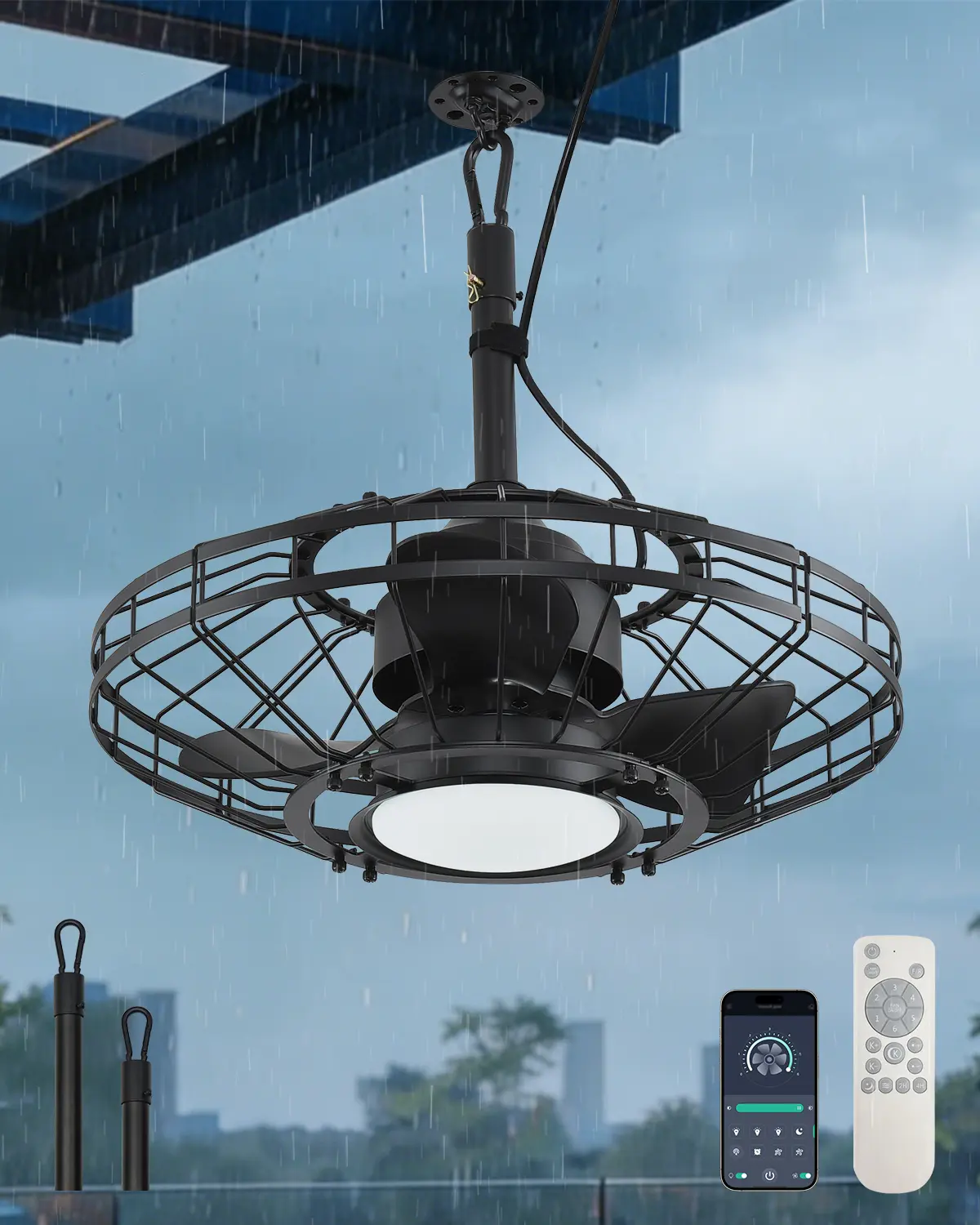 AHAWILL 20" Outdoor Ceiling Fan with Light,Waterproof Gazebo Fan with Hanging Hook,6-Speed Reversible Motor,Memory 3CCT,Plug-in Caged Ceiling Fan with Smart App Control for Patio Porch