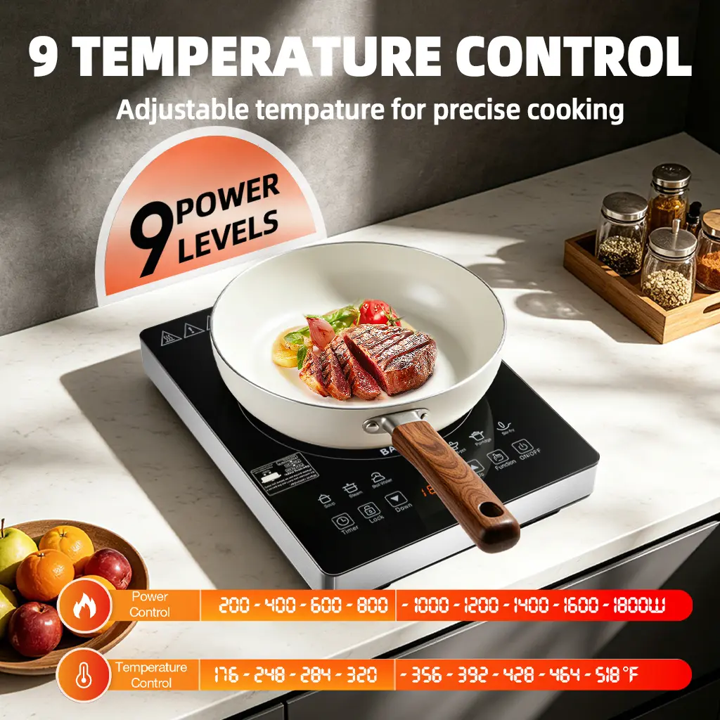 Bamusen Portable Induction Cooktop, 1800W Electric Induction Burner with 9 Temperature Settings, Countertop Induction Hot Plate with 2 hours and 59 minutes Timer, Child Lock, Easy to Clean, for Home Kitchen Cooking