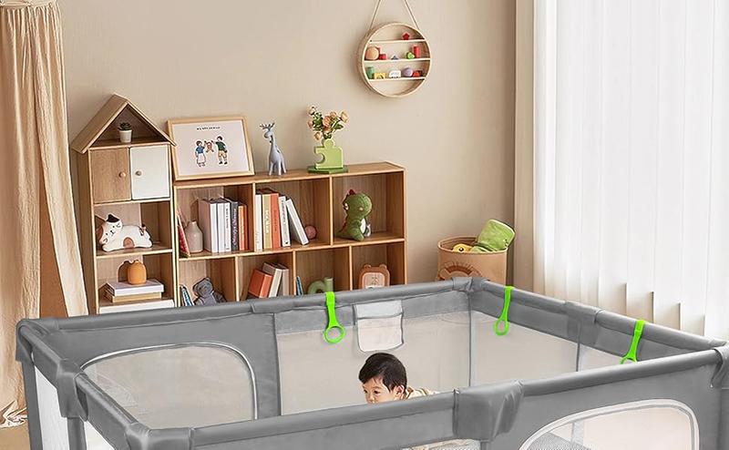 Baby Playpen with Play Mat, Extra Large Playpen for Babies and Toddlers, Baby Fence Play Pen Yard with Safety Gate Fence with 50 Ocean Balls 4 Pull Rings for Kids Indoor Outdoor