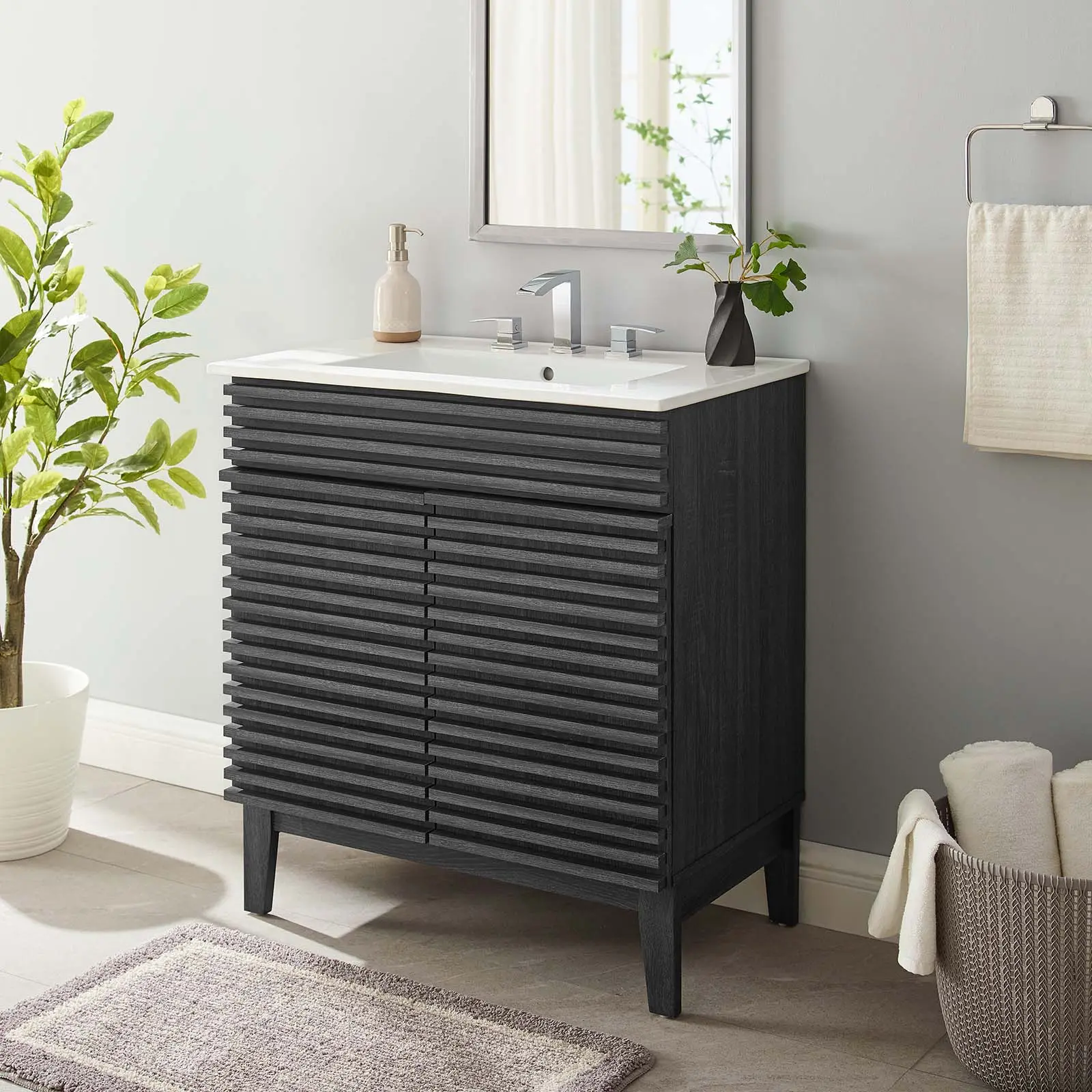 Modway Render 30" Bathroom Sink Cabinet, Charcoal White Modern Bathroom Fixture Set for Home Improvement, Modern Bathroom Fixture Sets